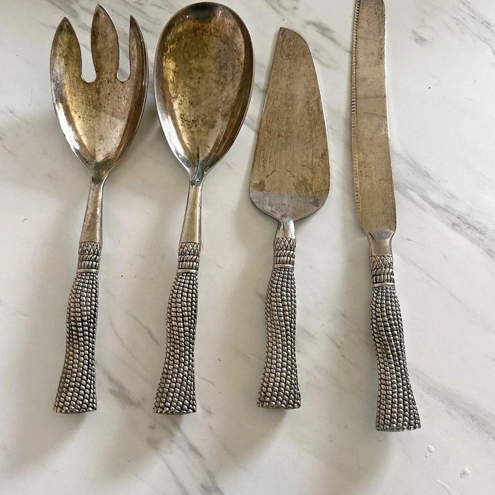 Vintage Silea Serving Set Silverplate Tassel Pattern Handles Meat Fork Spoons A